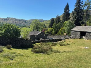 A stone building with a stone wall and a grassy field. - Stone Arthur Cottage (Ambleside)