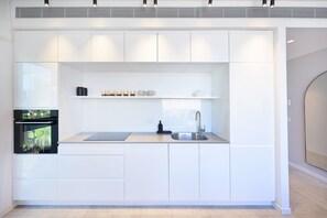 Fridge, oven, stovetop, coffee/tea maker