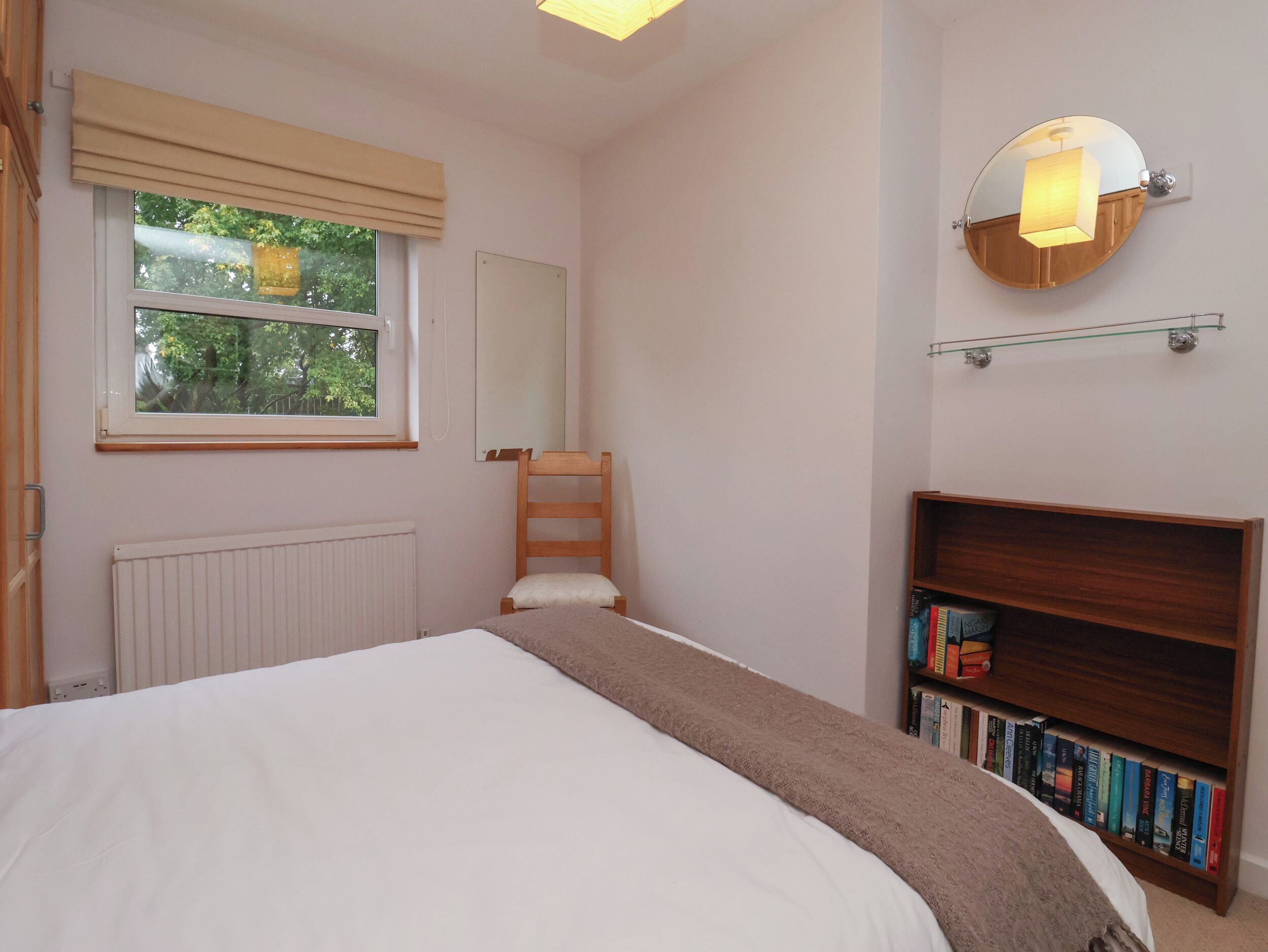 A bedroom with a bed, a window with blinds, a bedside table, a mirror, and a bookshelf.