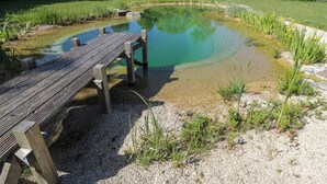 A wooden deck leading to a clear pond surrounded by gravel and greenery. - Spindle (Witney)