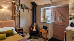A cozy room with a bed, a wooden ladder, a fireplace, a window, and a door. - Penn an Vownder (The Lizard)