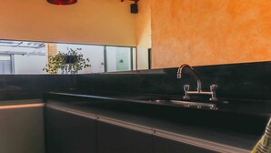 A modern kitchen with a black countertop, stainless steel sink, and a potted plant.