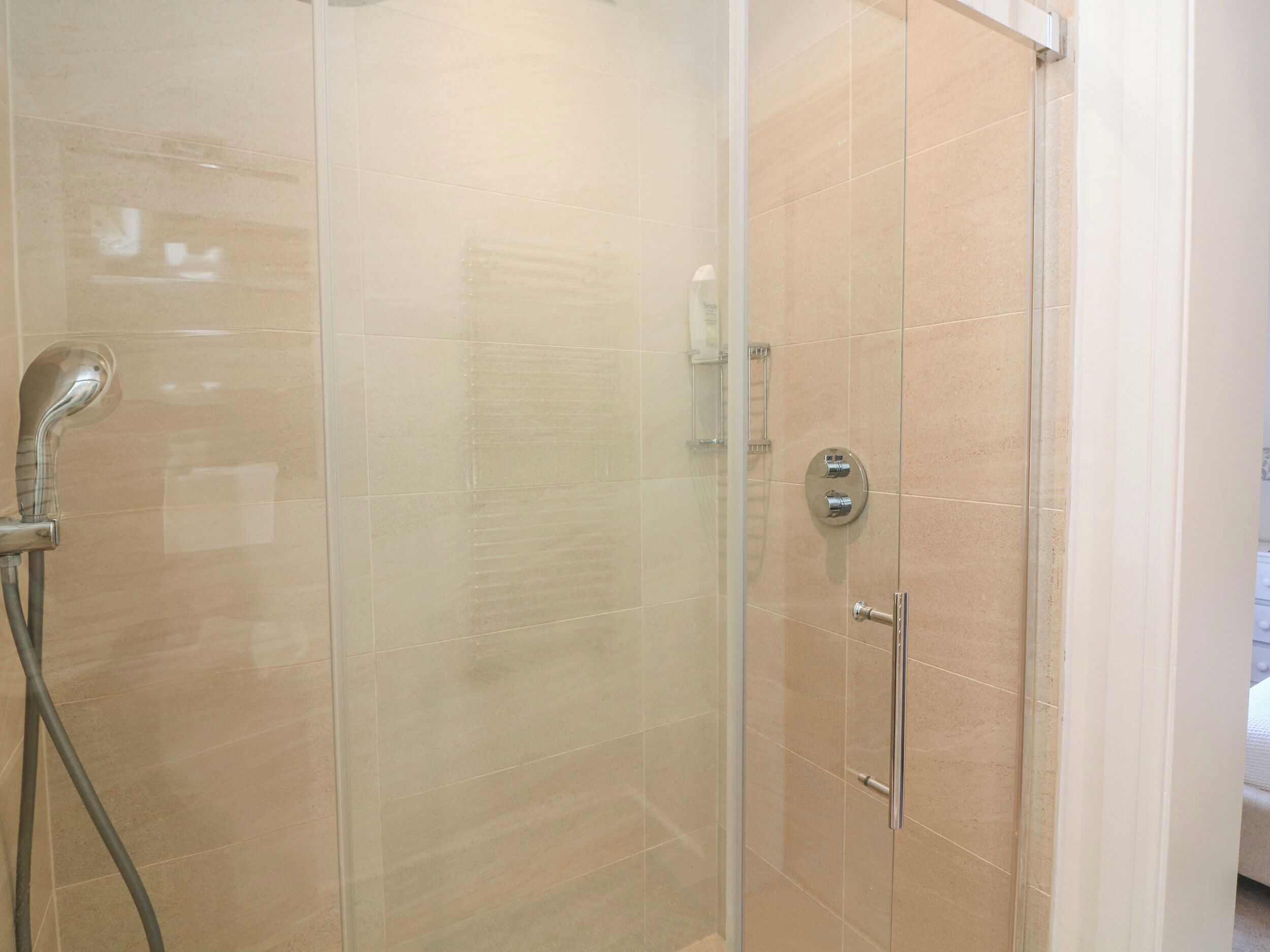 A glass-enclosed shower area with a handheld showerhead and a wall-mounted control panel.