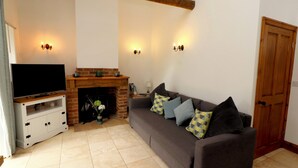 Una sala de estar con chimenea, un sofá con cojines estampados, un televisor sobre un mueble bajo y una puerta de madera.