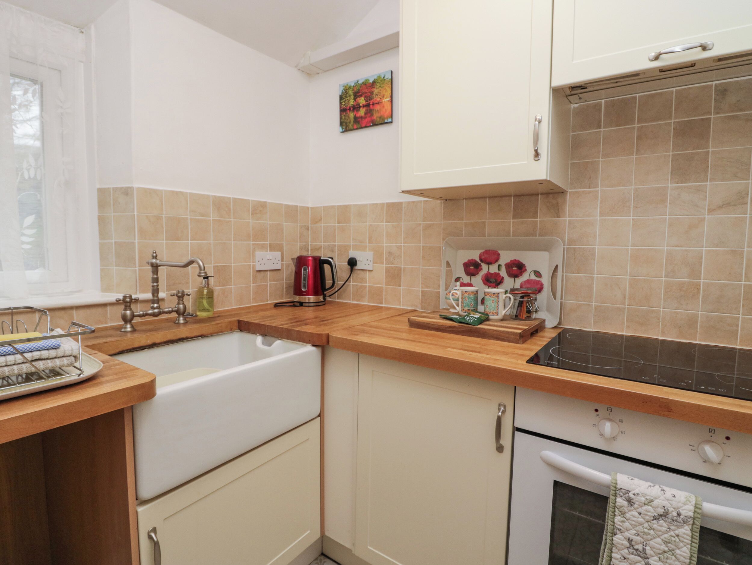 Fridge, electric kettle, cookware/dishes/utensils