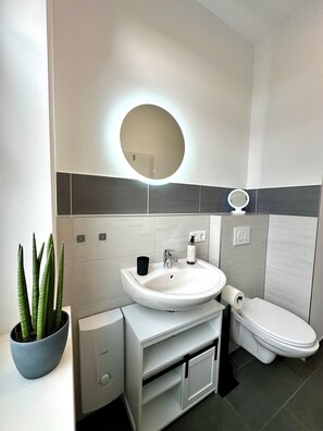 Dusche, Haartrockner, Handtücher, Seife