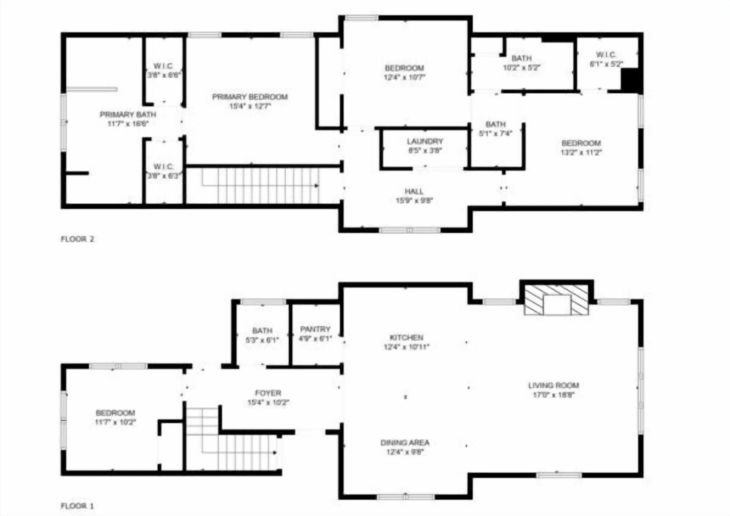 A floor plan of a two-story house with a primary bedroom, secondary bedroom, primary bathroom, secondary bathroom, laundry room, kitchen, dining area, foyer, and living room.