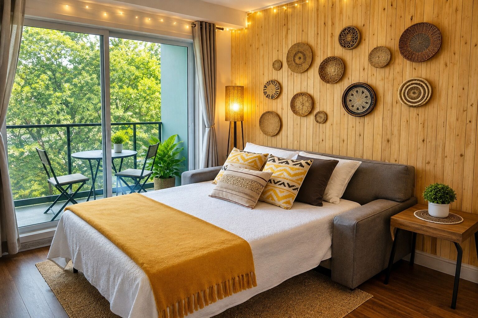 A bedroom with a bed, bedside tables, a balcony with chairs, and a view of trees.