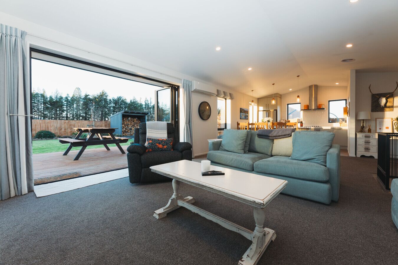 TV connectée, cheminée, livres