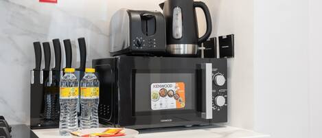 Fridge, microwave, stovetop, toaster