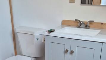 Shower, towels, soap, toilet paper