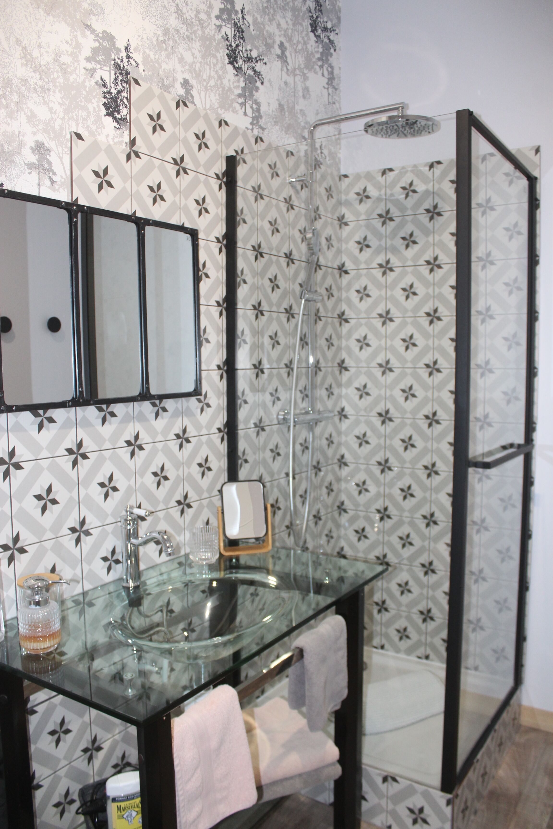 Douche, sèche-cheveux, serviettes fournies, savon