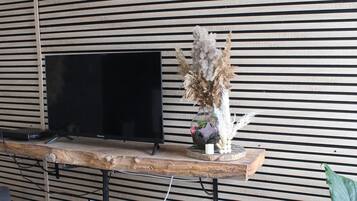 Un salon moderne avec un téléviseur à écran plat, une table basse en bois, un lampadaire noir, un tapis blanc et moelleux, un panier en osier rempli de magazines et une plante suspendue.