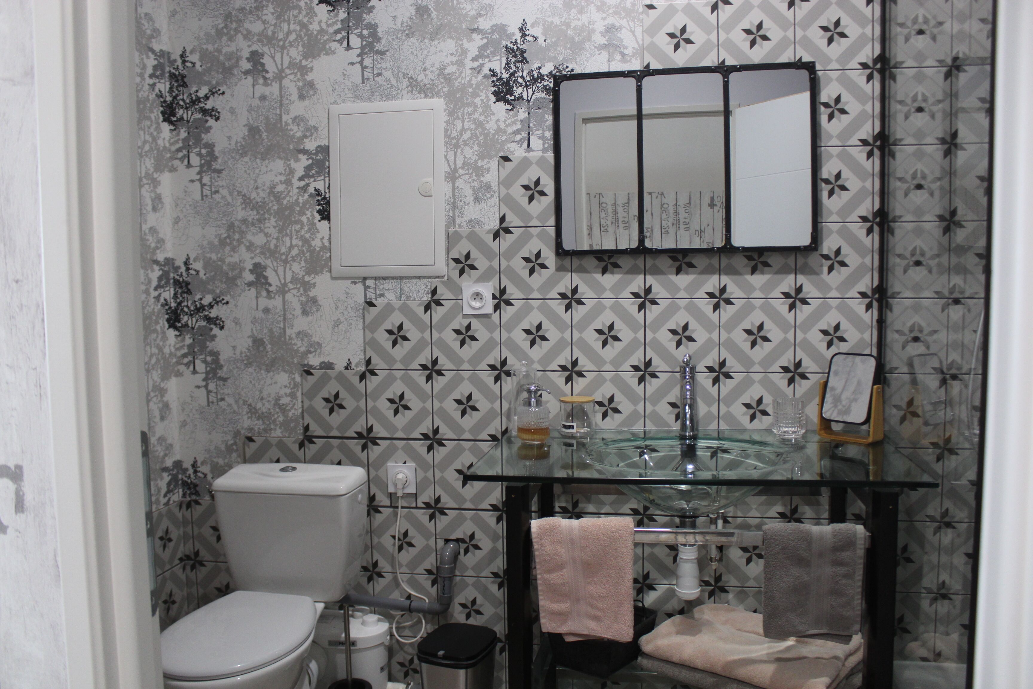 Douche, sèche-cheveux, serviettes fournies, savon