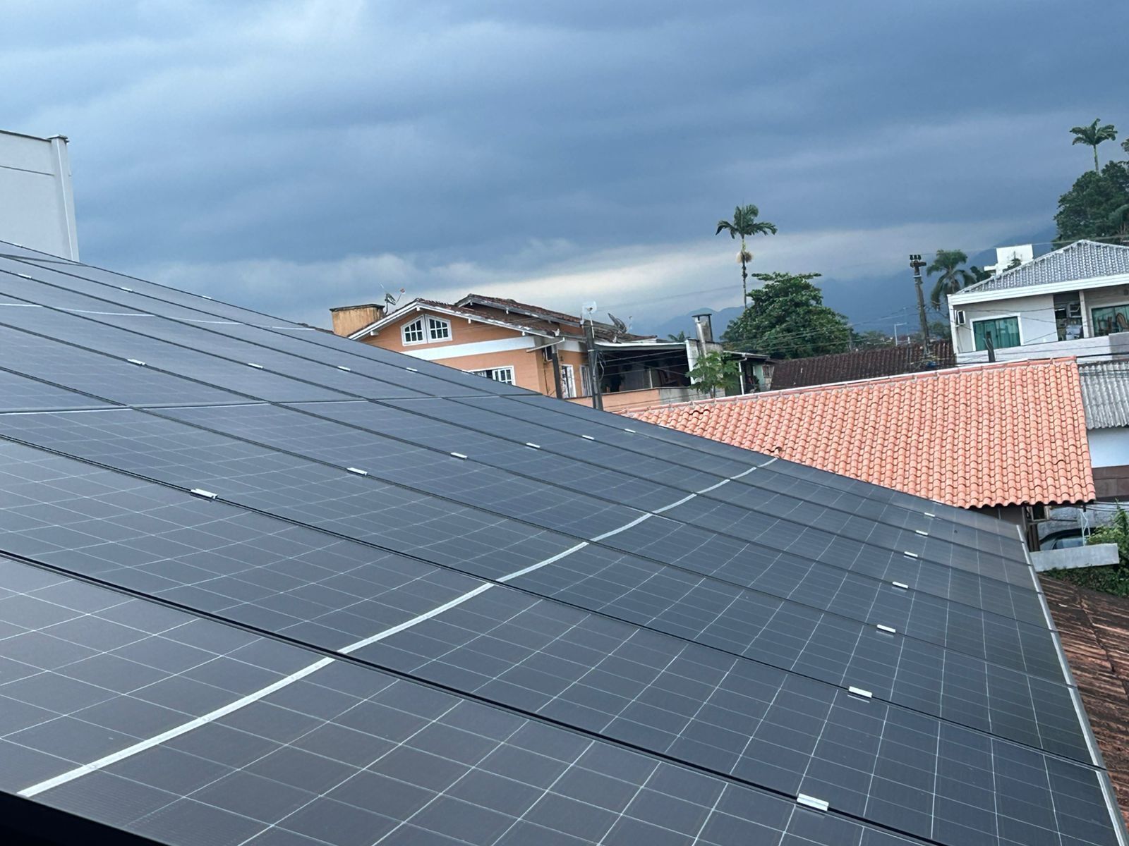 A rooftop with solar panels.