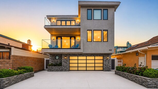 A modern two-story house with a garage, a balcony, and a driveway. - 25% Off Aug 27-30 Walk 2 Beach, Amazing Ocean View (Oxnard)