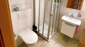 A bathroom with a toilet, a shower enclosure, and a sink. - Guest Room, Enjoy the peaceful Bernese Seeland (Grossaffoltern)