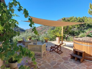 Terrace/patio - Domaine Kalyvitis; Stone house surrounded by olive groves, 2 km from the sea (Orino)