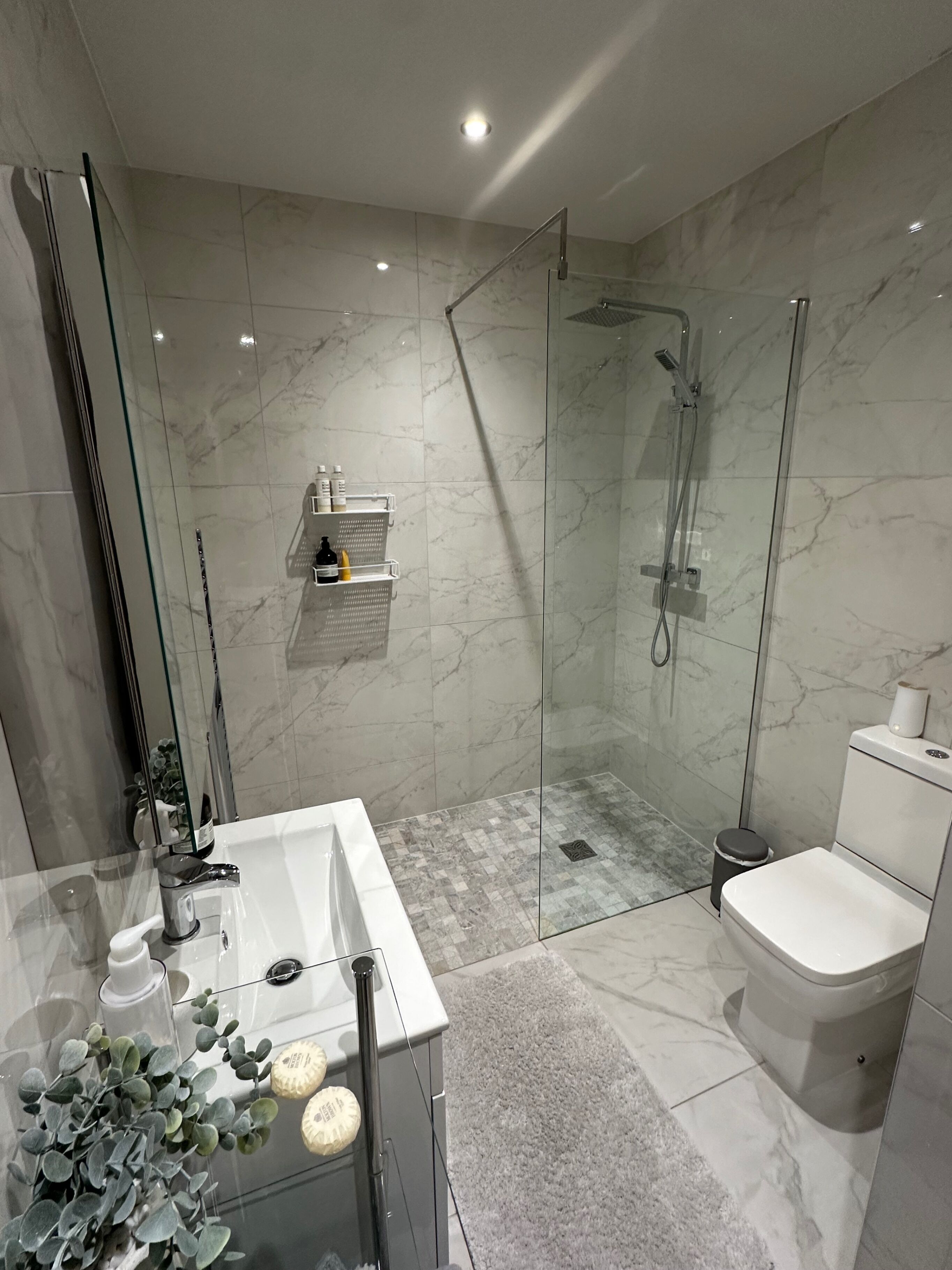 A modern bathroom with a glass-enclosed shower, a white toilet, and a large bathtub.