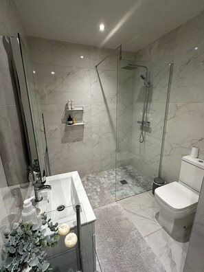 Un baño moderno con ducha de vidrio, inodoro blanco y una bañera grande.