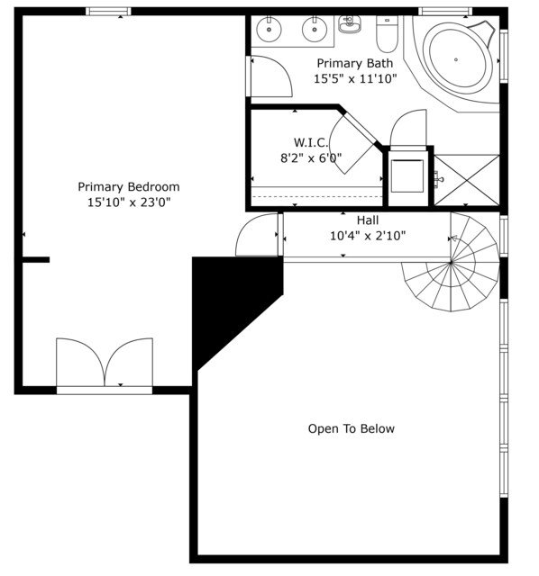 A floor plan with a primary bedroom, primary bathroom, and a hall. - Captain's Manor | Beach Views w/ Communiy Pool (Galveston)