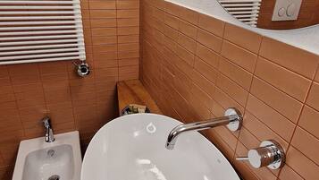 Shower, hair dryer, bidet, towels