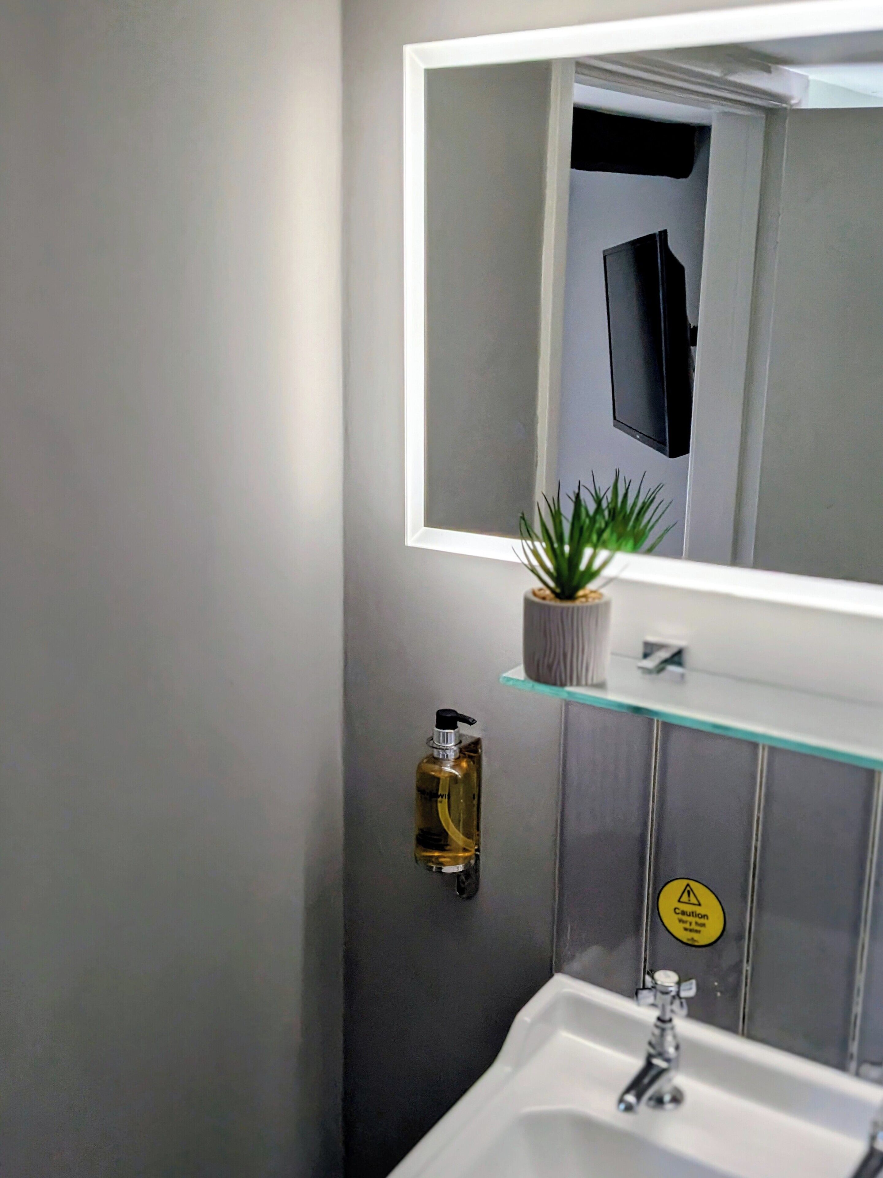 Un baño con un espejo, un lavamanos, una planta en maceta y un letrero de precaución.
