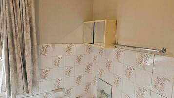 Bathtub, towels, soap, shampoo