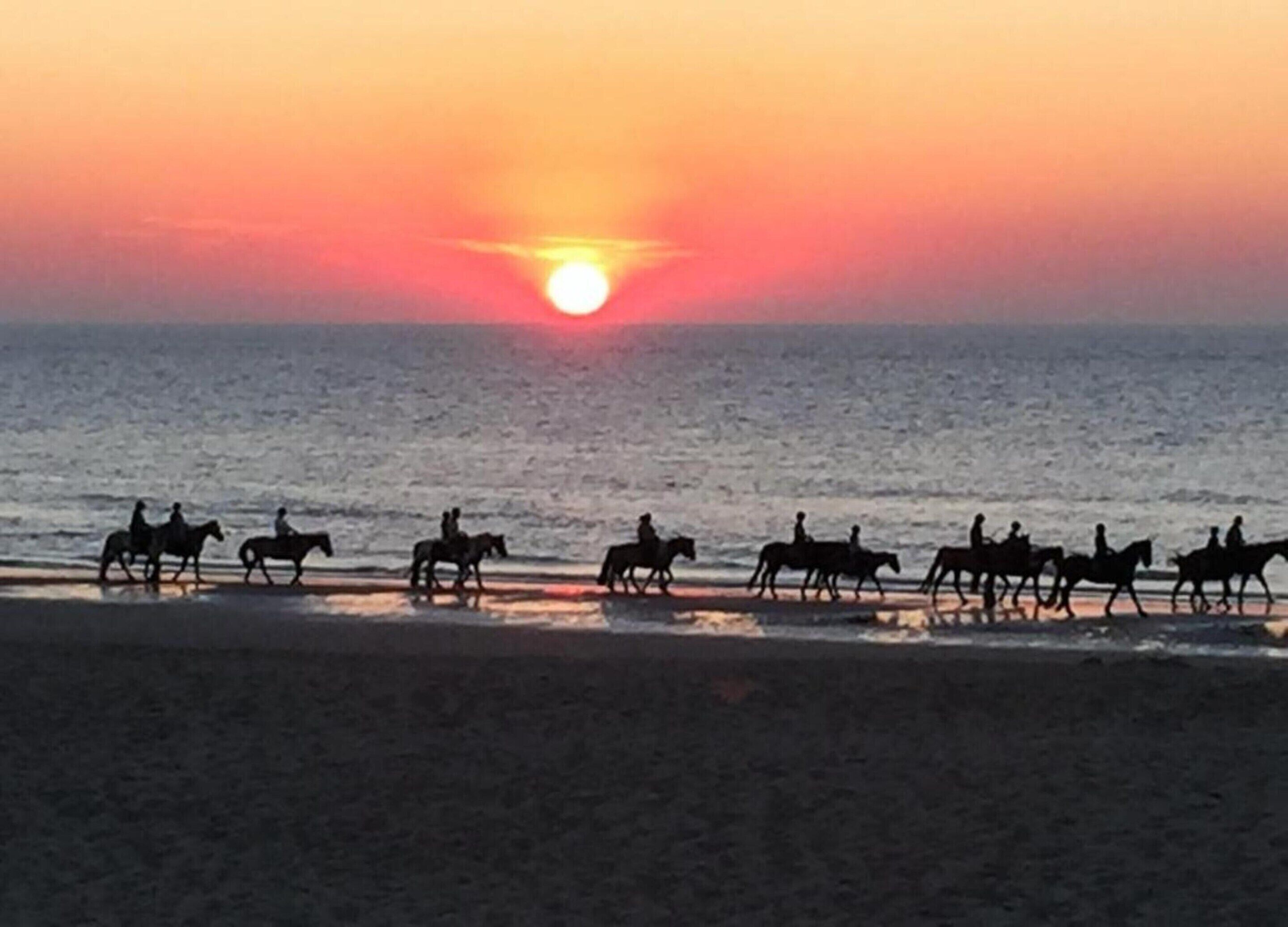 Ein Sonnenuntergang über dem Meer mit Silhouetten von Reitern am Strand.