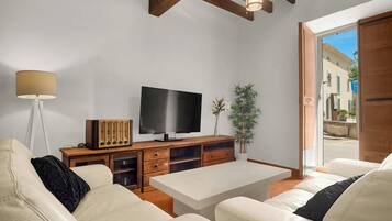 Smart-tv, een open haard en een stereo