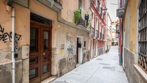 En smal gade med bygninger på begge sider, inklusive en trædør, et lille vindue og en væg med graffiti.