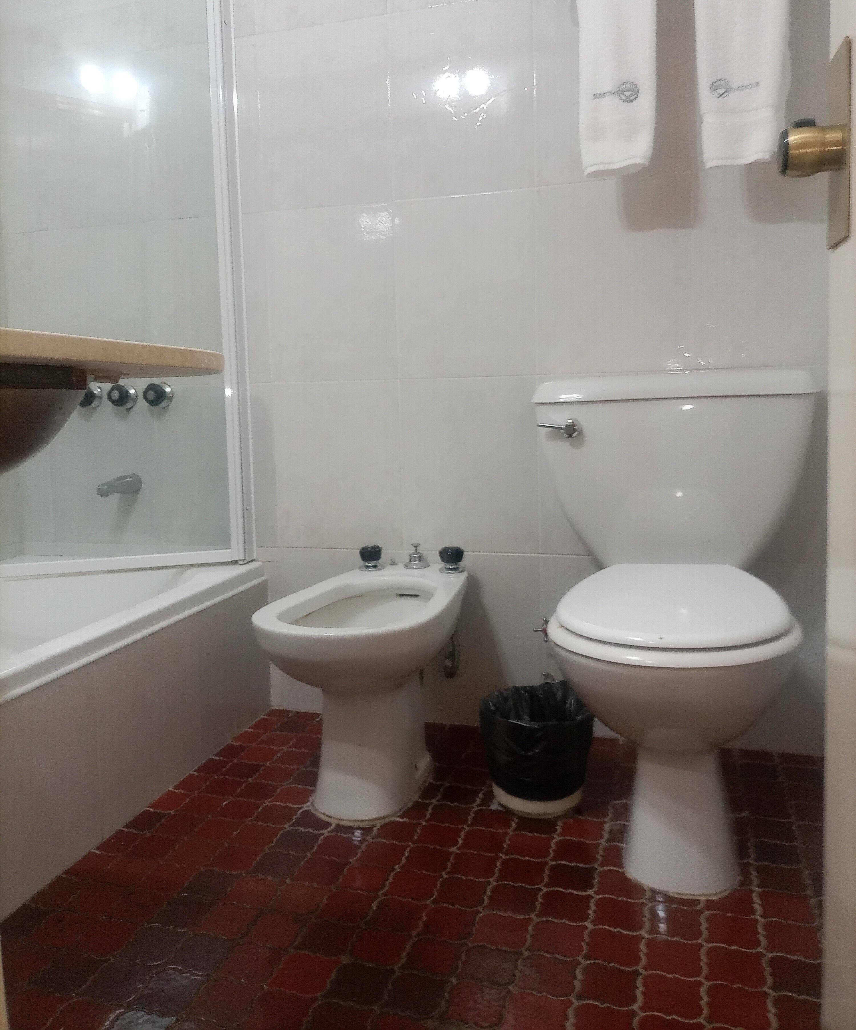Habitación doble | Baño | Bañera, secador de pelo, bidé y toallas
