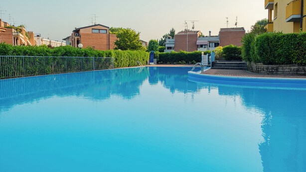 Una piscina residencial con superficie de agua azul cristalina, rodeada por una cerca metálica y abundante vegetación.