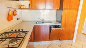 Una cocina pequeña con estufa a gas, un lavabo y armarios de madera.