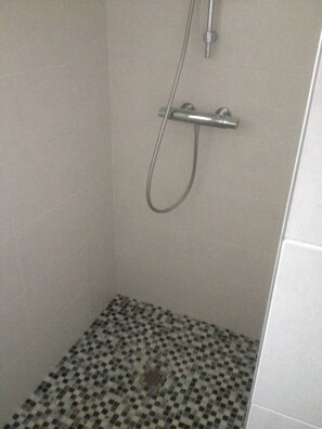 Douche, sèche-cheveux, serviettes fournies, savon