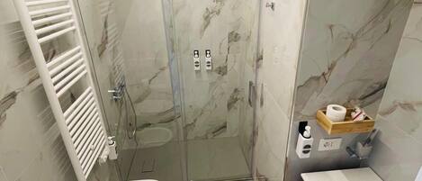 A modern bathroom with a glass-enclosed shower, a toilet, and a bathtub.