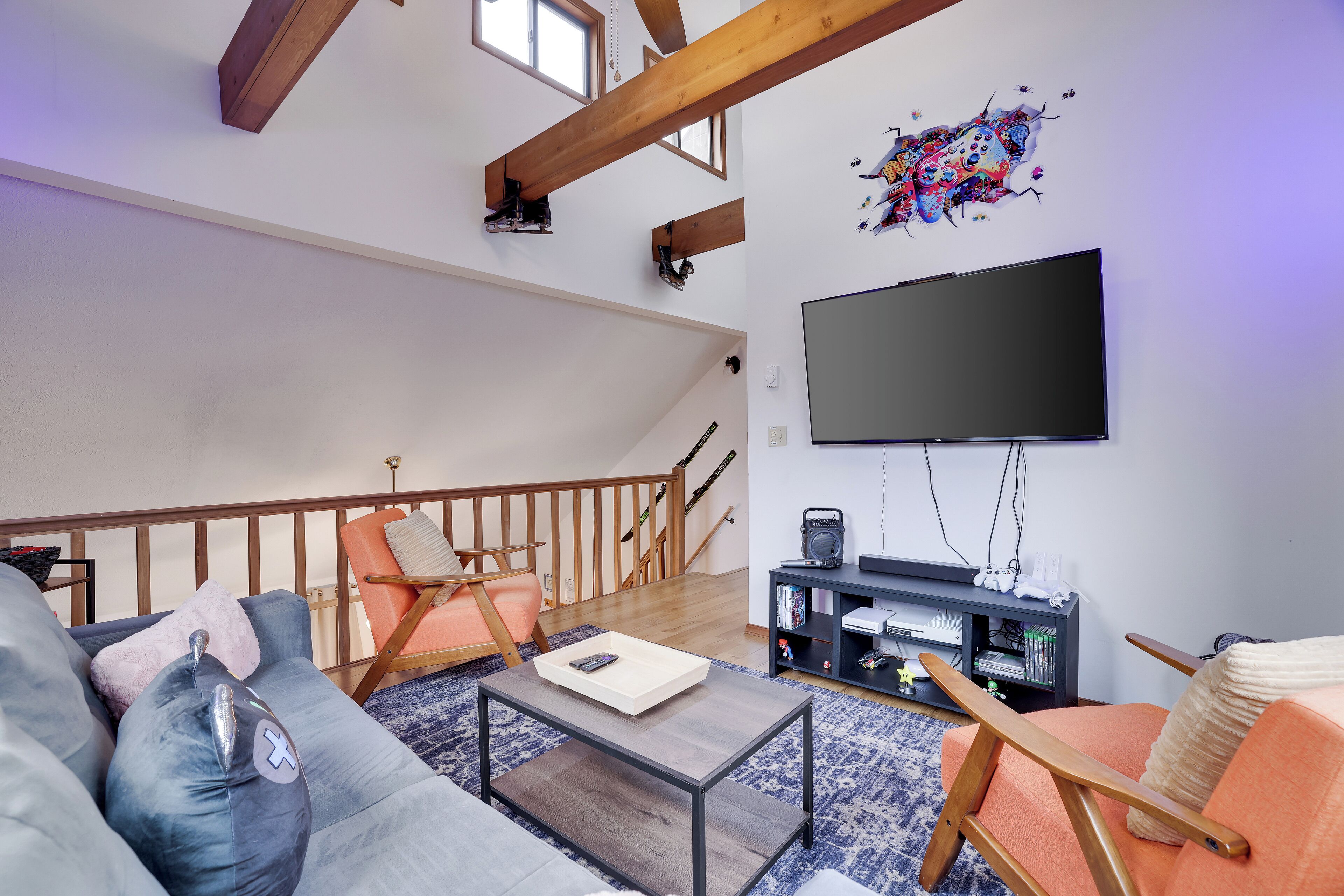 Smart TV, fireplace, video games, books