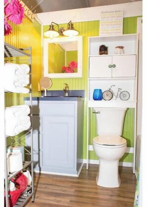 Hair dryer, towels, soap, toilet paper