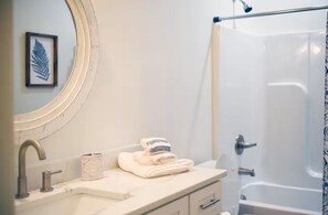 Hair dryer, towels, soap, shampoo
