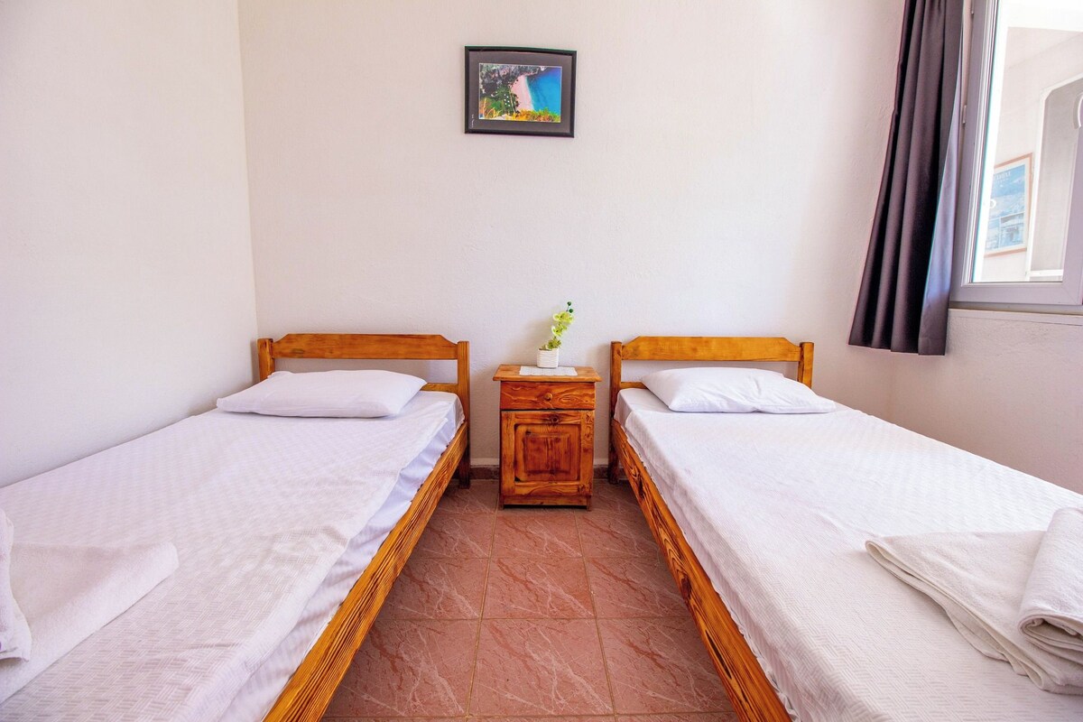 A room with two single beds, a small wooden nightstand with a vase, and a framed picture on the wall.