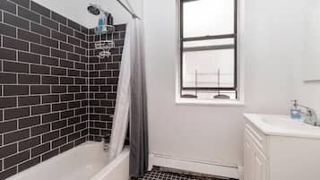 Hair dryer, towels, soap, toilet paper