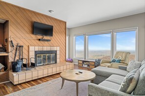 Smart TV, fireplace, books