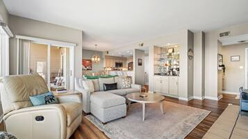 Smart TV, fireplace, books