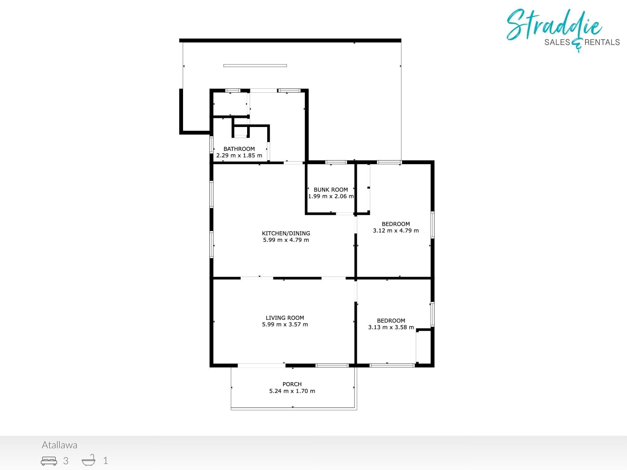 A floor plan of a property with a living room, kitchen, dining area, two bedrooms, a bathroom, a bunk room, and a porch.