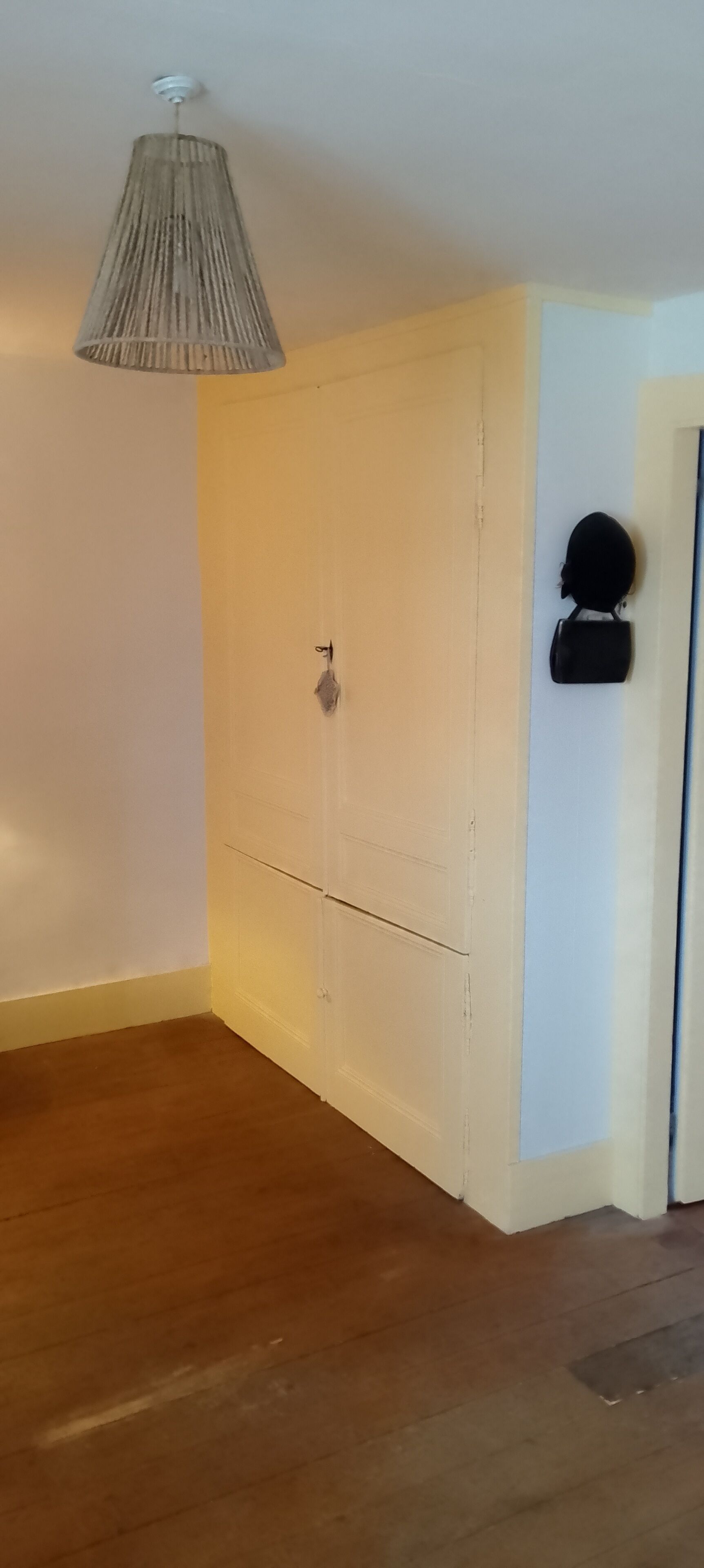 A room with a wooden floor, a white door, and a hanging light fixture.