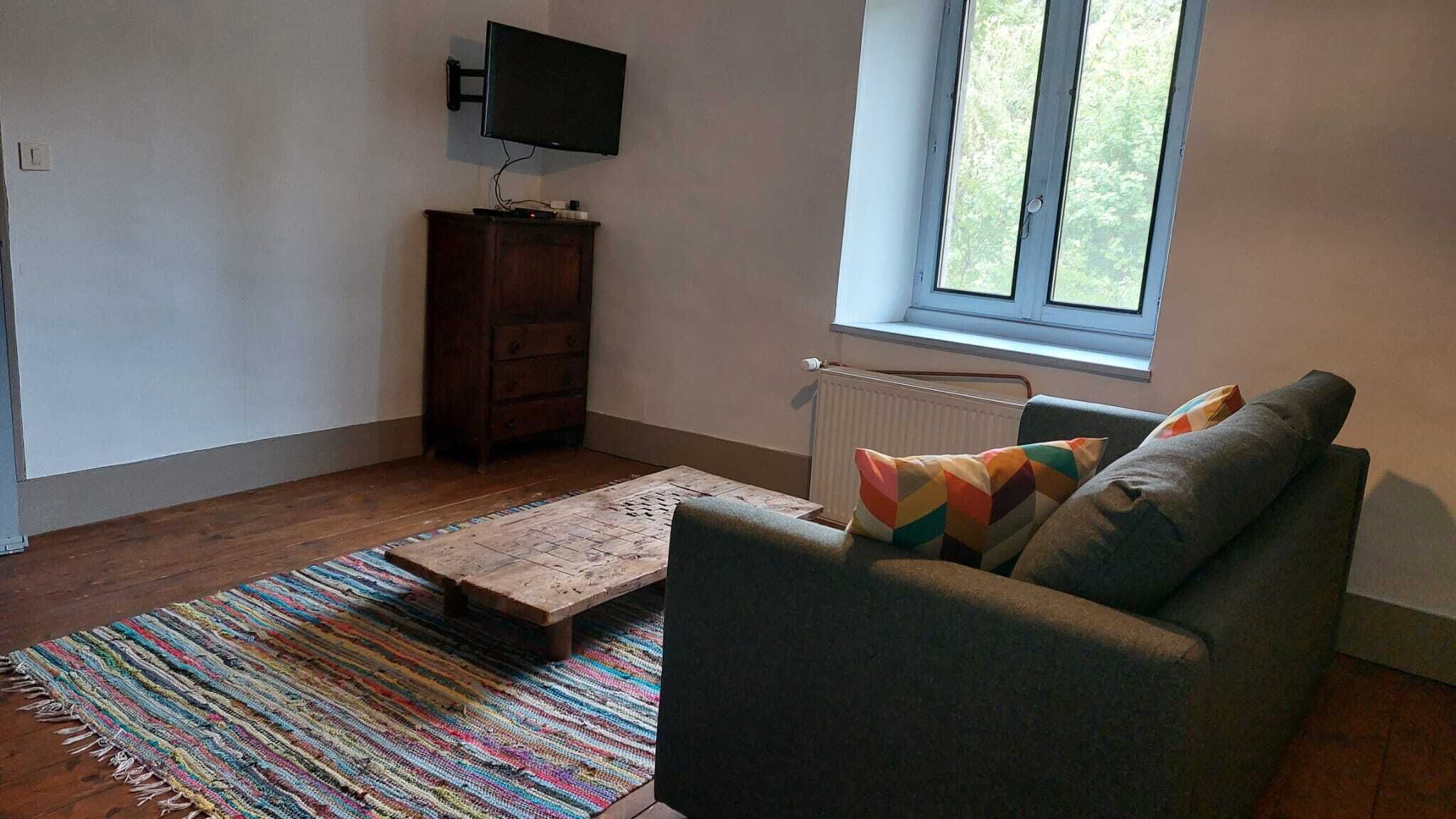 A living room with a sofa, a wooden coffee table, a TV on a stand, a window with a view, and a radiator.