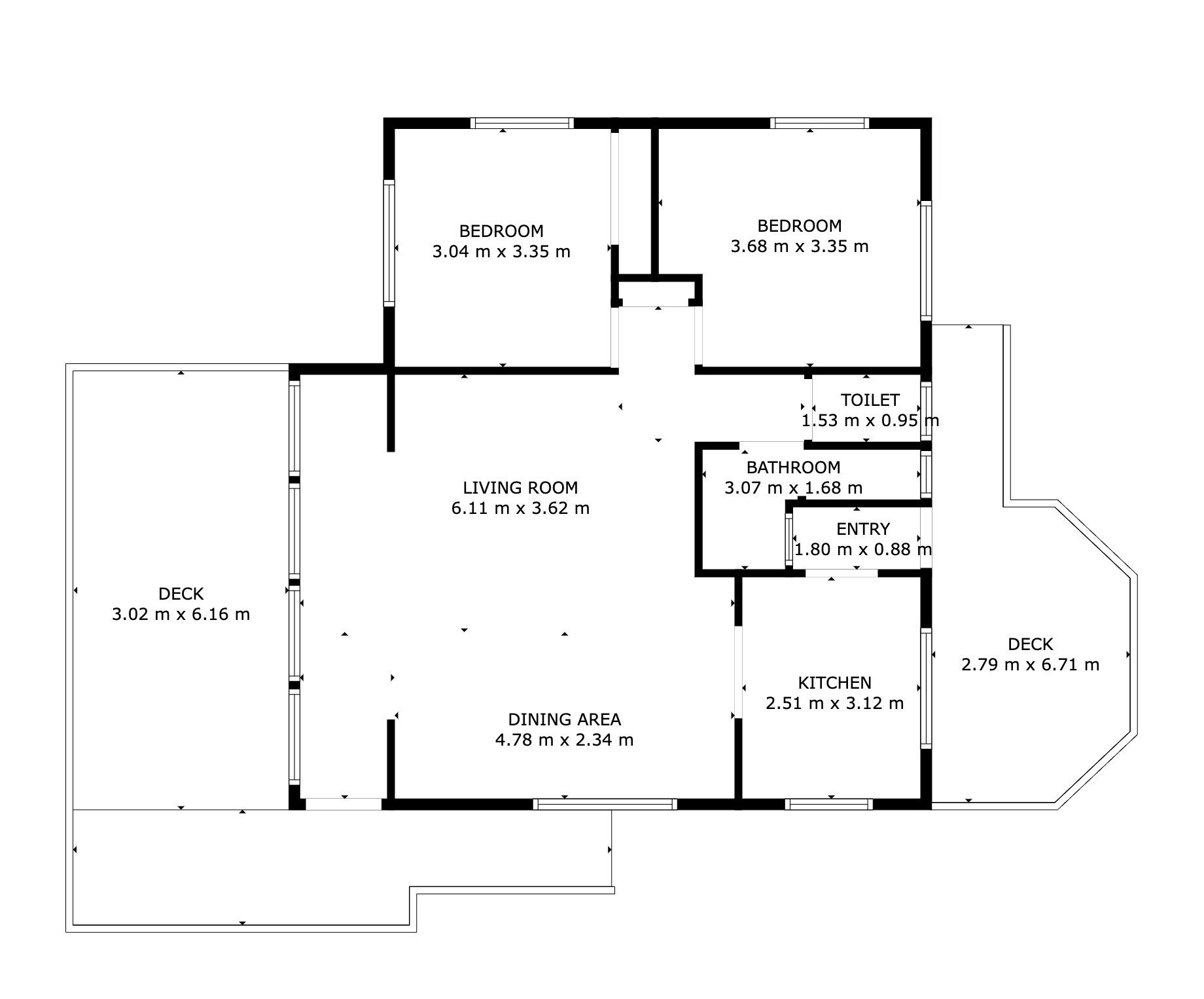 Plano de planta de una casa con terraza, sala de estar, comedor, cocina, dos dormitorios y un baño, además de un vestíbulo de entrada.
