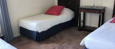 A bedroom with two beds, a nightstand, and a lamp.