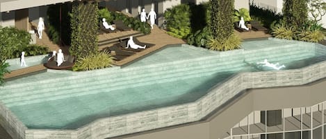 Una piscina al aire libre, sombrillas, sillones reclinables de piscina