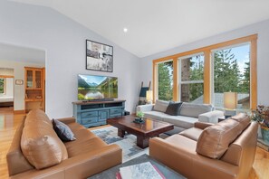 Televisie, een open haard en een stereo